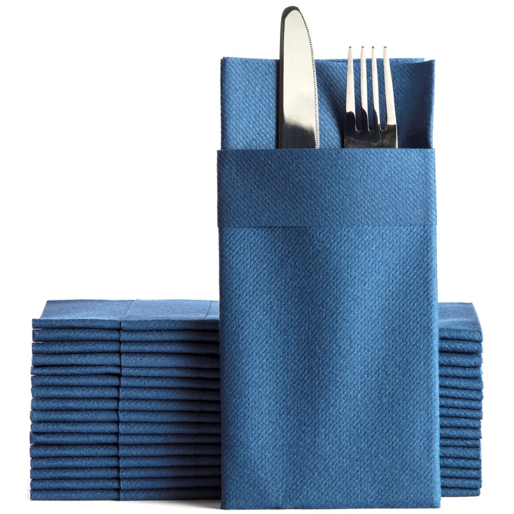 Navy Dinner Napkins Cloth Like with Built-in Flatware Pocket, Linen-Feel Absorbent Disposable Paper Hand Napkins for Kitchen, Bathroom, Parties, Weddings, Dinners or Events, 16x16 inches, Pack of 50