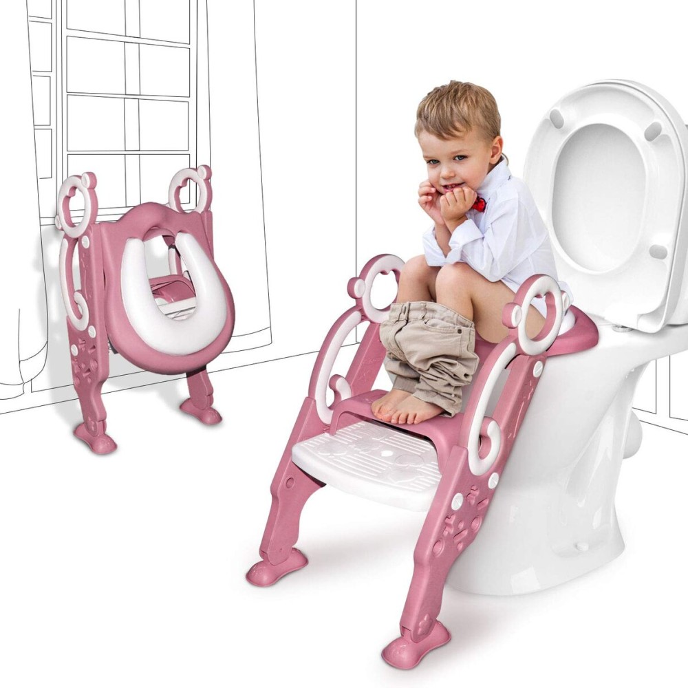 GrowthPic Pink Toddler Potty Training Seat with Step Stool - Foldable Toilet Trainer for Girls with Soft Cushion & Splash Guard, Adjustable Ladder Fits Standard & Elongated Toilets
