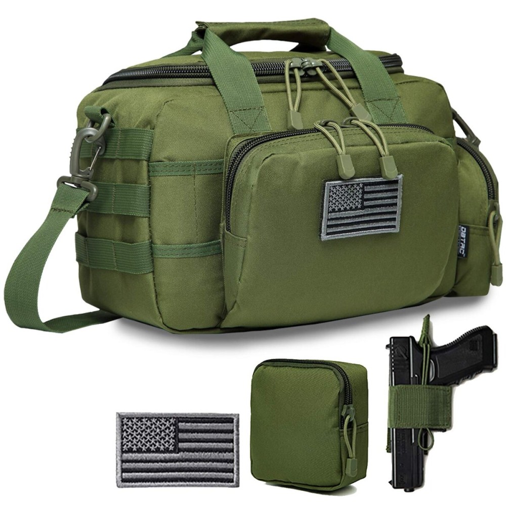 DBTAC Gun Range Bag Small | Tactical 2x Pistol Shooting Range Duffle Bag with Lockable Zipper for Handguns and Ammo | US Flag Patch + MOLLE Pouch + Universal Holster Included (Green)