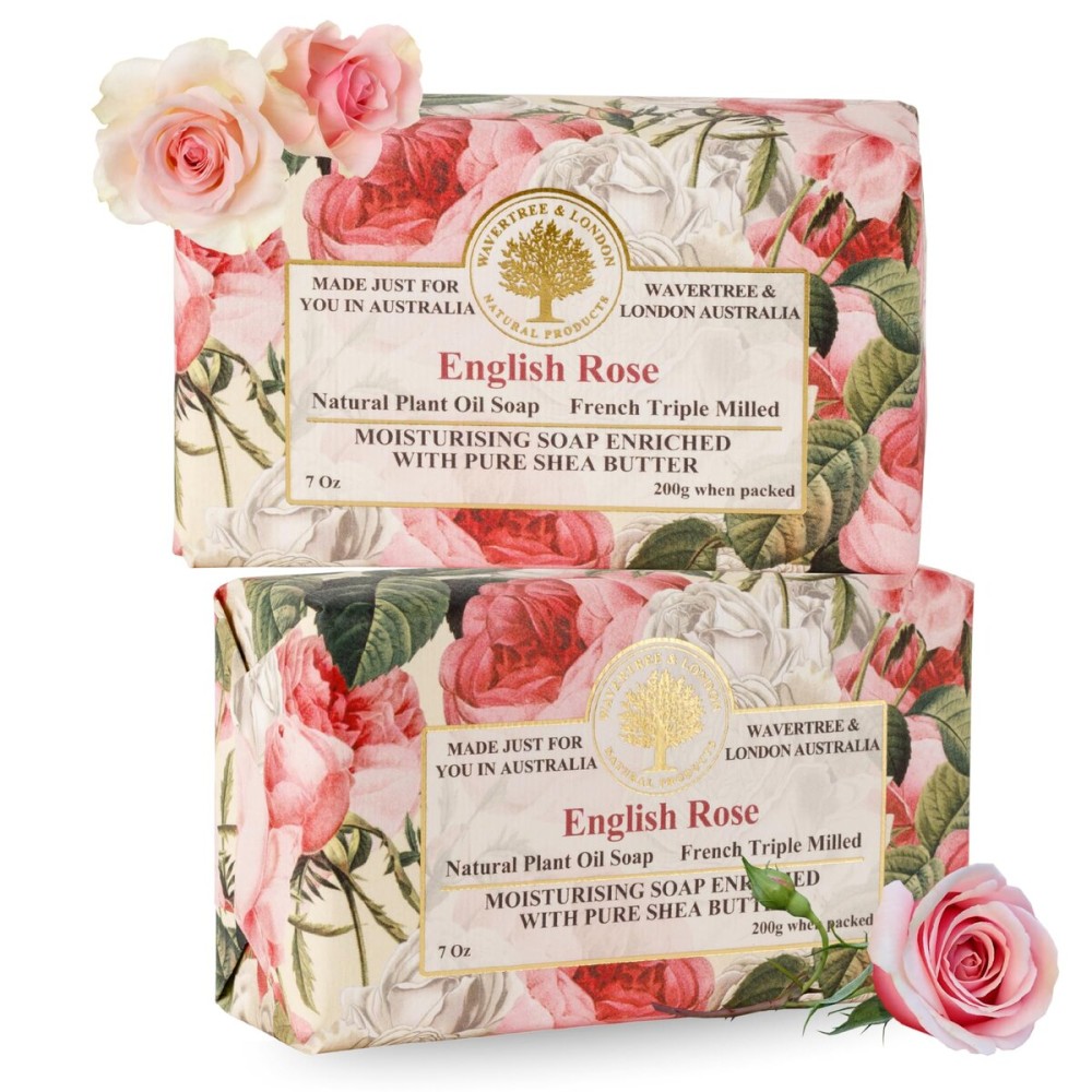 Wavertree & London English Rose Scented Natural Soap Bars for Women & Men (2 x 7oz) - Moisturizing Triple-Milled Soap Bars Enriched with Shea Butter - Plant-Based Bath & Body Bar for All Skin Types