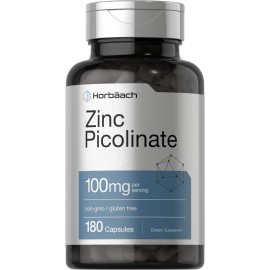 Horbach Zinc Picolinate 100mg | 180 Capsules | High Potency | Non-GMO, Gluten Free | Zinc Supplement