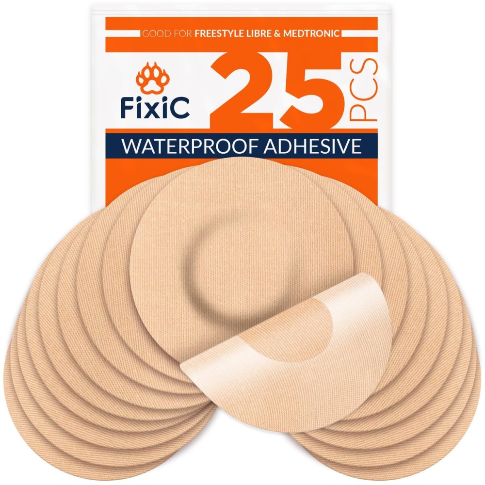 Fixic Freestyle Adhesive Patch 25 PCS - Good for Libre 1, 2, 3 & Plus - Enlite - Guardian - NO Glue in The Center of The Patch - Pre-Cut Back Paper - Long Fixation for Your Sensor! (Tan)