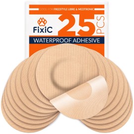 Fixic Freestyle Adhesive Patch 25 PCS - Good for Libre 1, 2, 3 & Plus - Enlite - Guardian - NO Glue in The Center of The Patch - Pre-Cut Back Paper - Long Fixation for Your Sensor! (Tan)