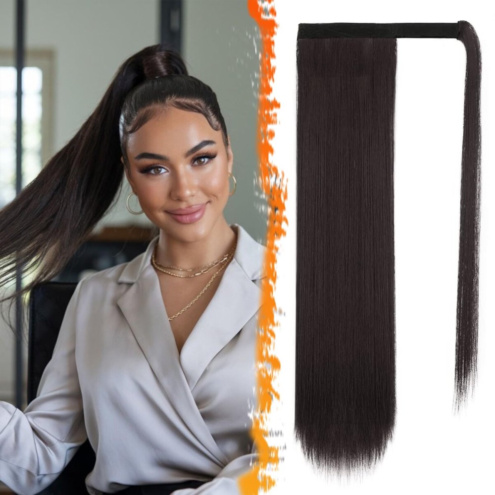 BARSDAR Darkest Brown Straight Wrap Ponytail Extension - 24 Inch Long Straight Wrap Around Ponytail for Black Women, Synthetic Clip in Ponytails Hair Extensions Brown Pony Tails Hairpieces