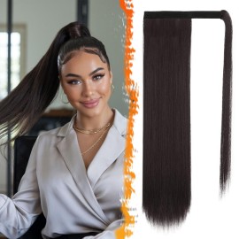 BARSDAR Darkest Brown Straight Wrap Ponytail Extension - 24 Inch Long Straight Wrap Around Ponytail for Black Women, Synthetic Clip in Ponytails Hair Extensions Brown Pony Tails Hairpieces
