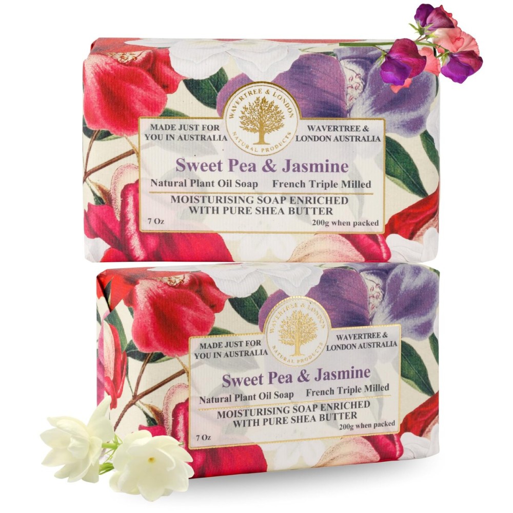Wavertree & London Sweet Pea & Jasmine Scented Natural Soap (2 Bars), 7oz Moisturizing French Triple Milled Soap Bars enriched with shea butter - Pure Plant Based Bath & Body Bars for All Skin Types