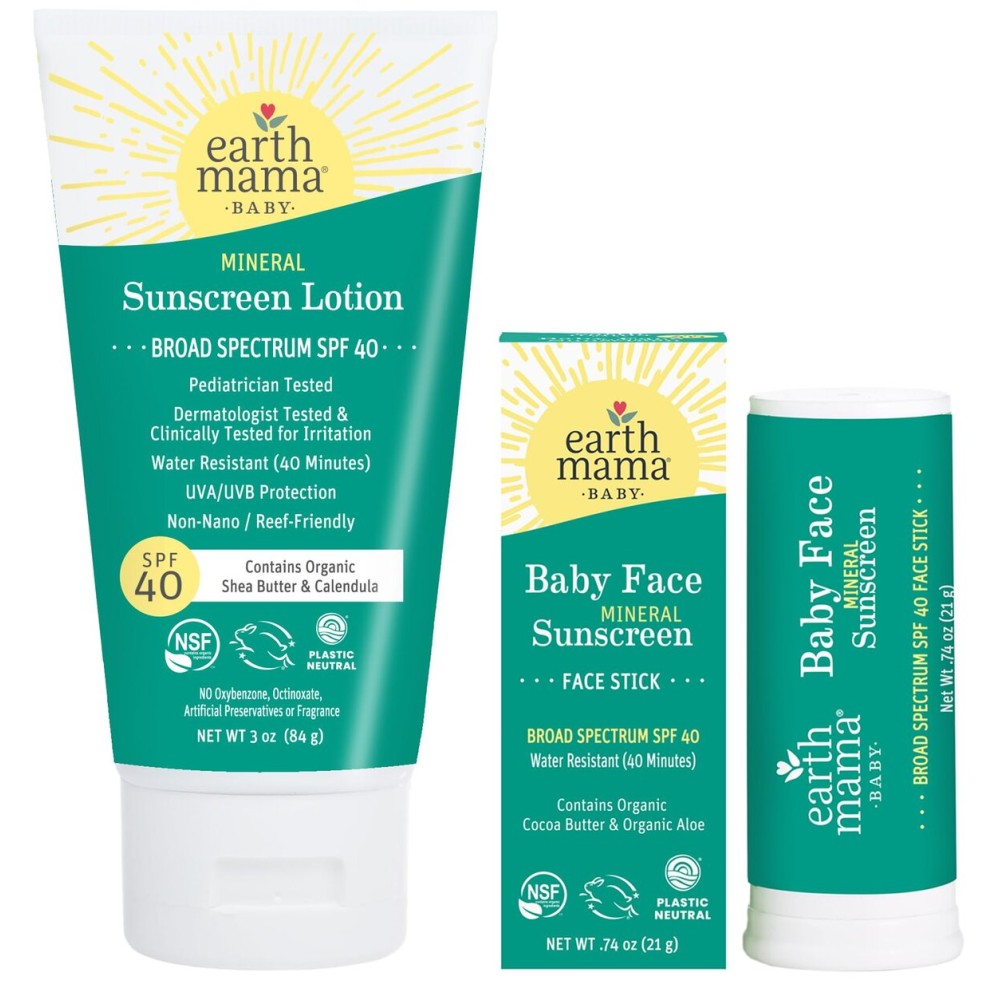 Earth Mama Baby Face Mineral Sunscreen Stick & Lotion Set, SPF 40 | Non-Nano Zinc, Contains Organic Cocoa Butter, Shea Butter, Aloe & Calendula | Babies, Kids & Family
