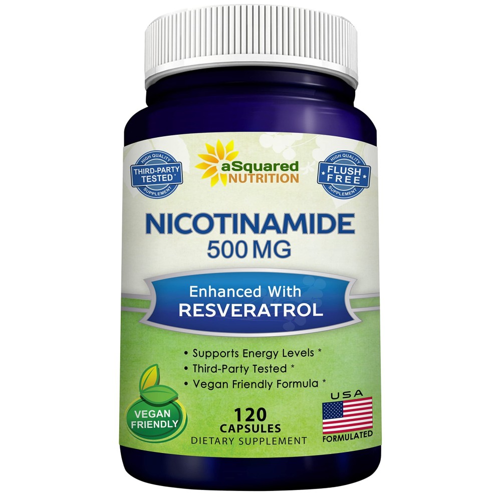aSquared Nutrition Nicotinamide with Resveratrol - 120 Veggie Capsules - Vitamin B3 500mg (Niacinamide Flush Free) - Supplement Pills to Support NAD, Skin Cell Health & Energy