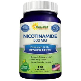 aSquared Nutrition Nicotinamide with Resveratrol - 120 Veggie Capsules - Vitamin B3 500mg (Niacinamide Flush Free) - Supplement Pills to Support NAD, Skin Cell Health & Energy