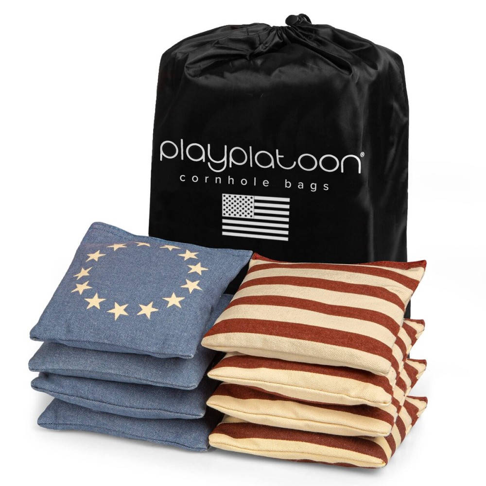 Play Platoon Weather Resistant Cornhole Bags - Set of 8 Regulation Corn Hole - Betsy Ross Vintage American Flag - Durable Duck Cloth Corn Hole for Tossing Game, Includes Tote Bag