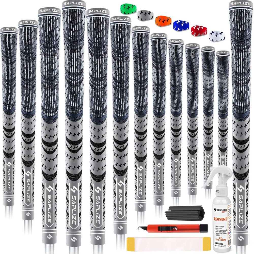 SAPLIZE Cross Cord Golf Grips Set of 13 Grips with Tape or Full Regripping Kit, Std/Mid/Jumbo, Low Taper Design, Multi-compound Hybrid, Anti-Slip Golf Club Grips, CL03 Series, Mid-Size, Grey