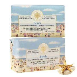 Wavertree & London Beach Scented Natural Soap (2 Bars), 7oz Moisturizing French Triple Milled Soap Bars enriched with shea butter - Pure Plant Based Bath & Body Bars for All Skin Types