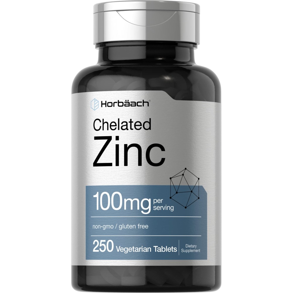 Horbach Chelated Zinc Supplement 100mg | 250 Tablets | High Potency & Superior Absorption | Vegetarian, Non-GMO, Gluten Free