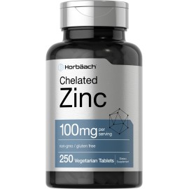 Horbach Chelated Zinc Supplement 100mg | 250 Tablets | High Potency & Superior Absorption | Vegetarian, Non-GMO, Gluten Free