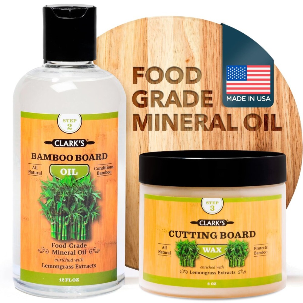 CLARK\'S Food Grade Mineral Oil (12oz) and Carnauba Wax (6oz) Set - 100% Natural Butcher Block Oil and Cutting Board Wax - Food Safe Beeswax and Wood Cutting Board Oil with Lemongrass Extract