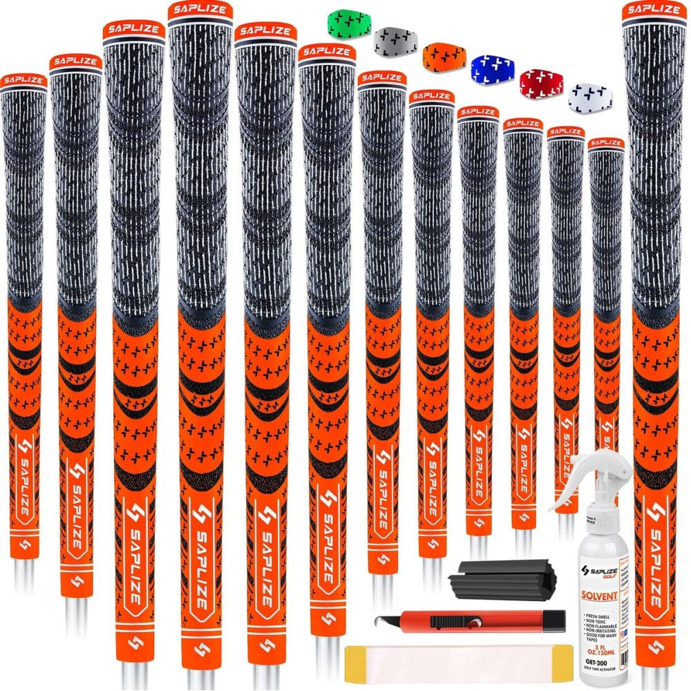 SAPLIZE Cross Cord Golf Grips Set of 13 Grips with Tape or Full Regripping Kit, Std/Mid/Jumbo, Low Taper Design, Multi-compound Hybrid, Anti-Slip Golf Club Grips, CL03 Series, Mid-Size, Orange