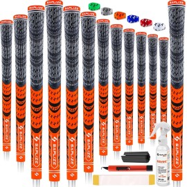 SAPLIZE Cross Cord Golf Grips Set of 13 Grips with Tape or Full Regripping Kit, Std/Mid/Jumbo, Low Taper Design, Multi-compound Hybrid, Anti-Slip Golf Club Grips, CL03 Series, Mid-Size, Orange