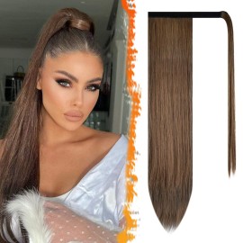 BARSDAR Brown Straight Wrap Ponytail Extension - 20 Inch Long Straight Wrap Around Ponytails for Women, Synthetic Clip in Ponytail Extensions Brown Pony Tails Hairpieces