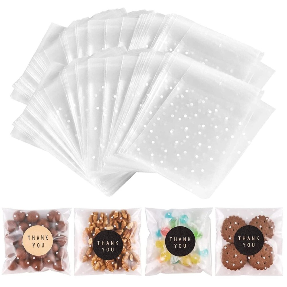 NPLUX 200PACK Self Sealing Cellophane Treat Bags Clear Cookie Bags for Gift Giving with Stickers(White Polka Dot, 4X4INCH)