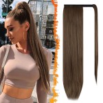 BARSDAR Golden Brown Straight Wrap Ponytail Extension - 26 Inch Long Straight Wrap Around Ponytail Hair Extensions for Women, Synthetic Clip in Brown Pony Tails Hairpieces Daily