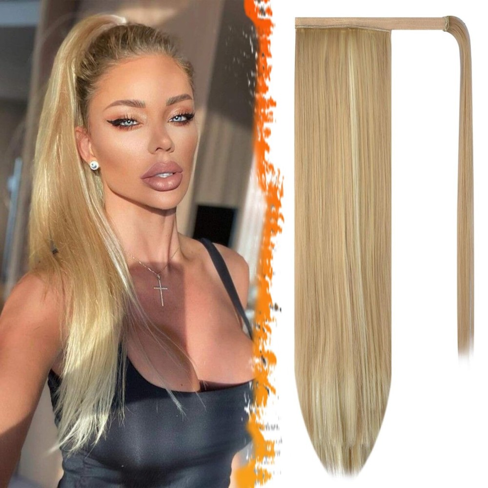 BARSDAR Light Ash Blonde Mix Straight Ponytail Extension - 26 Inch Long Straight Wrap Around Ponytail for Women, Clip in Ponytails Hair Extensions Synthetic Blonde Pony Tails Hairpieces Daily
