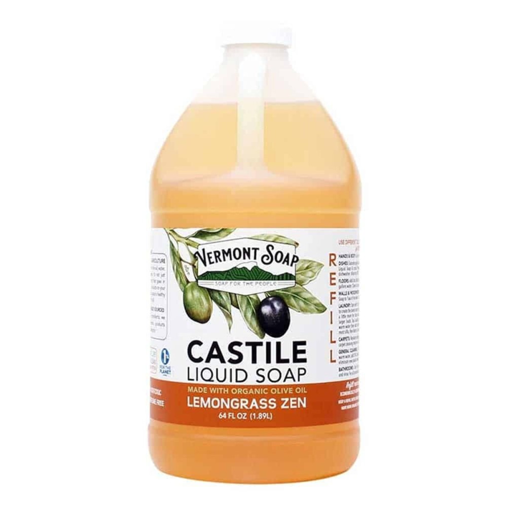 Vermont Castile Lemongrass Zen Soap, Gentle Liquid Soap for Sensitive Skin & Natural Body Wash, Organic Hair Shampoo for Oily Hair, Aloe Castile Soap for Men & Women - 64 Oz