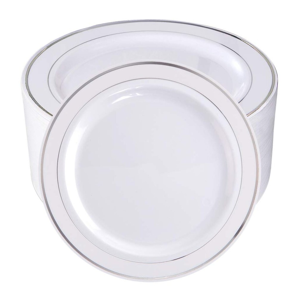 bUCLA 100Pieces Silver Rim Plastic Plates - 7.5inch Silver Salad/Dessert Plates Disposable - Ideal for Weddings, Parties & Christmas