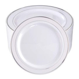 bUCLA 100Pieces Silver Rim Plastic Plates - 7.5inch Silver Salad/Dessert Plates Disposable - Ideal for Weddings, Parties & Christmas
