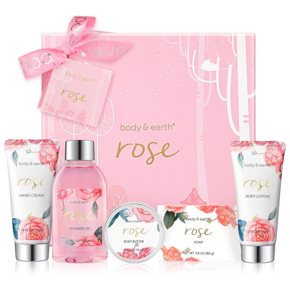 Bath and Body Gift Set for Women, Body & Earth 5 Pcs Rose Spa Gifts for Women, Self Care Kit, Lotion Set for Her,Mothers Day Presents for Mom