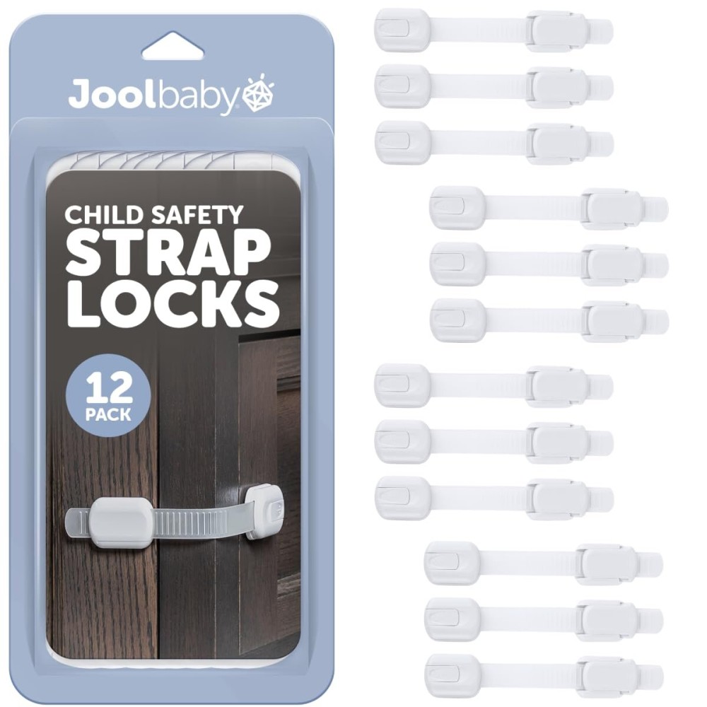 Child Safety Strap Locks (12 Pack) Baby Proof Cabinets, Drawers, Fridge, Toilet & Trash Cans - 3M Adhesive Childproof Locks - Jool Baby