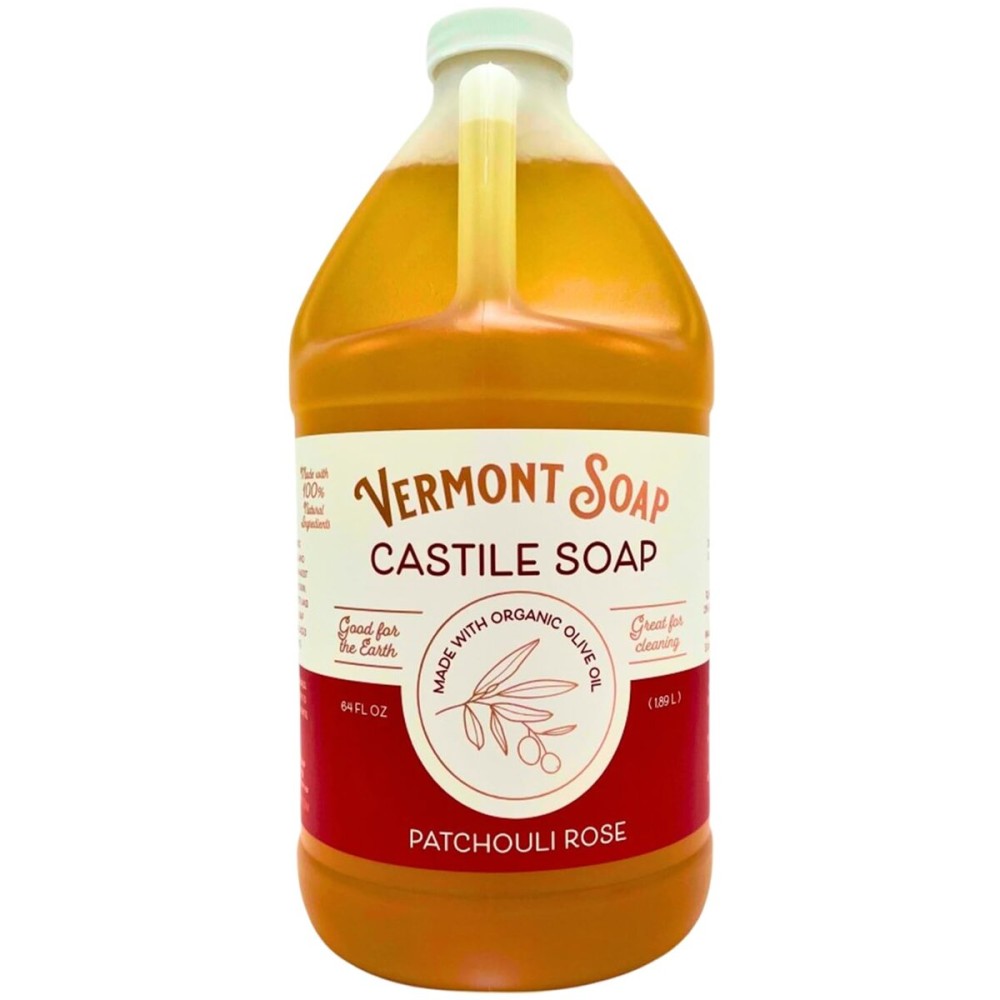 Vermont Castile Soap Patchouli Rose, Gentle Liquid Soap for Sensitive Skin & Natural Body Wash, Organic Hair Shampoo for Oily Hair, Aloe Castile Soap for Men & Women - 64 Oz