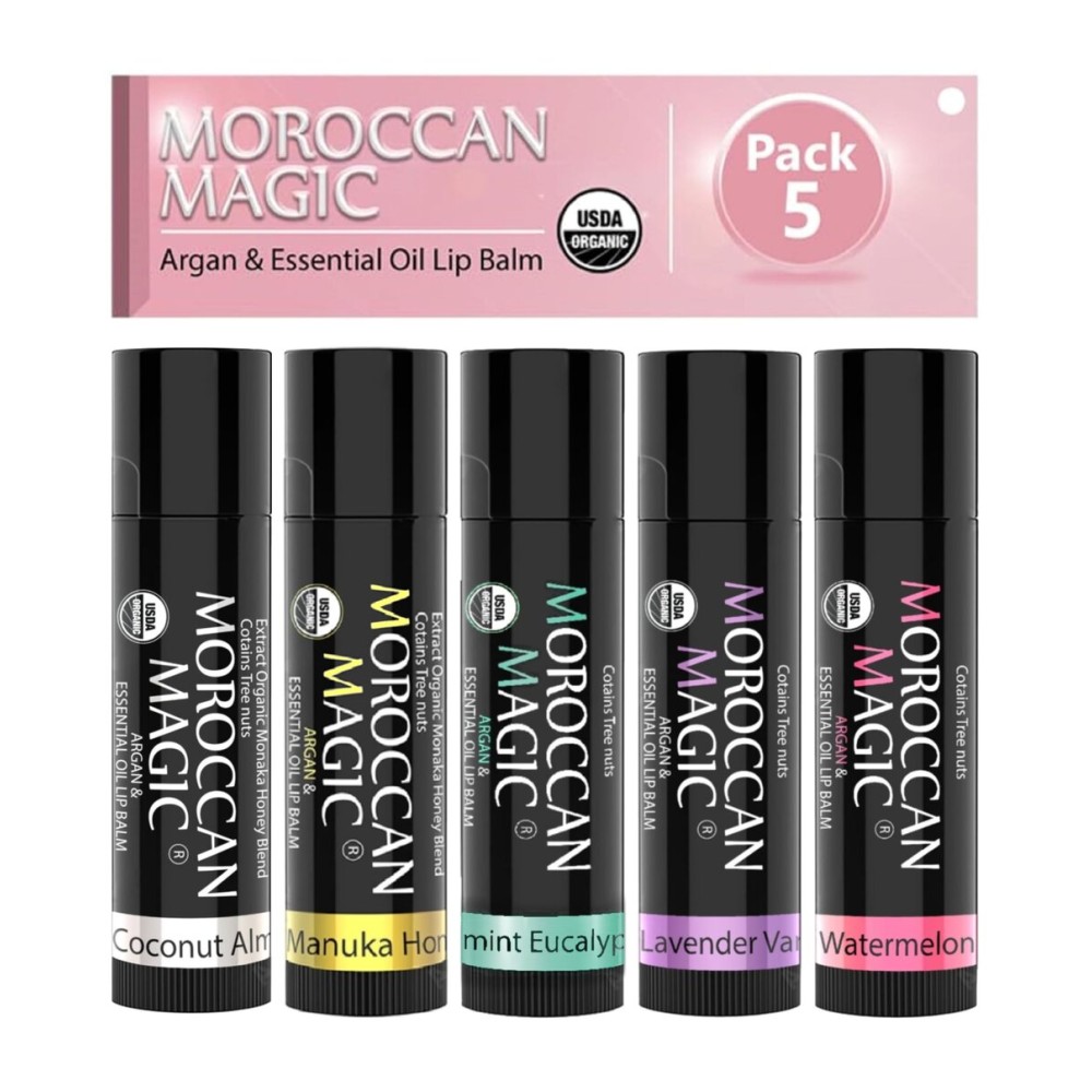 Moroccan Magic Organic Lip Balm 5 Piece Variety Pack Gift Set | Ultra-Hydrating Argan & Essential Oil Lip Moisturizer + Vitamin E | Smooth | Natural | Non-Toxic | Cruelty Free | 5 Pack