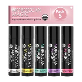 Moroccan Magic Organic Lip Balm 5 Piece Variety Pack Gift Set | Ultra-Hydrating Argan & Essential Oil Lip Moisturizer + Vitamin E | Smooth | Natural | Non-Toxic | Cruelty Free | 5 Pack