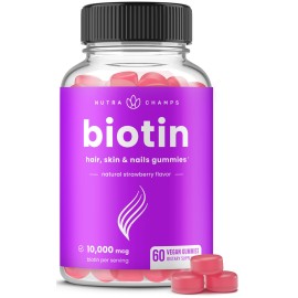 NutraChamps Biotin Gummies 10000mcg [High Potency] for Healthy Hair, Skin & Nails Vitamins for Women, Men & Kids - 5000mcg in Each Hair Vitamins Gummy - Vegan, Non-GMO, Hair Health Supplement