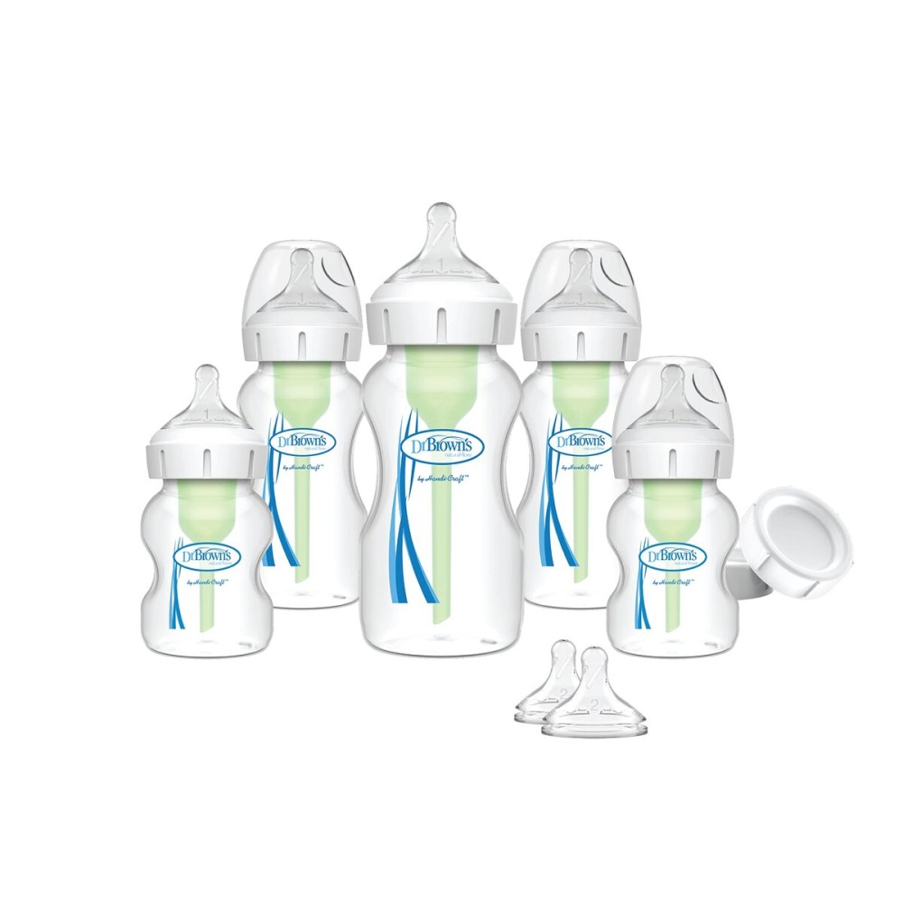 Dr. Brown\'s Natural Flow Anti-Colic Options+ Wide-Neck Baby Bottle Newborn Feeding Set with Baby Bottle Travel Caps
