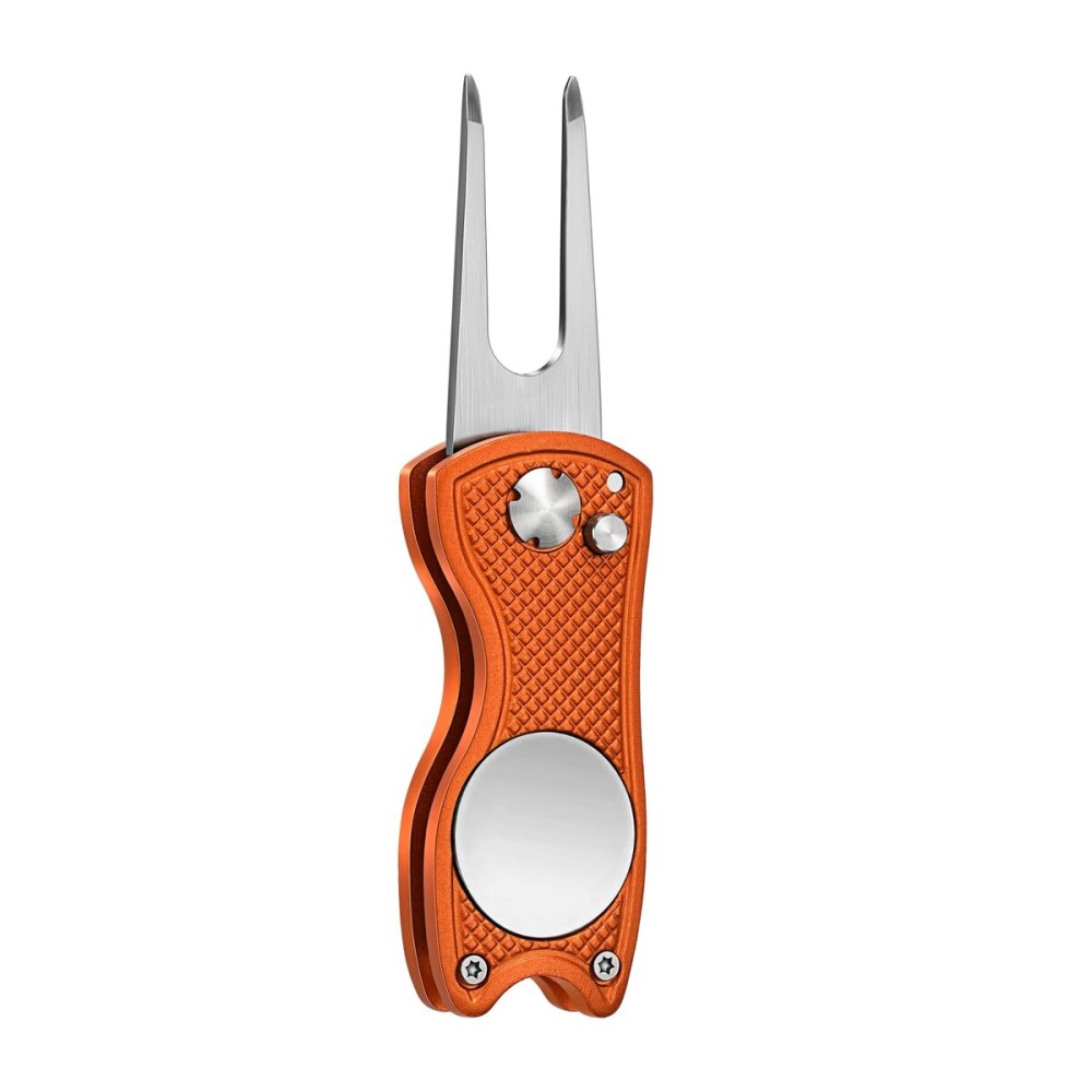 Mile High Life All Metal Foldable Golf Divot Tool with Pop-up Button & Magnetic Ball Marker, Golf Club Holder (Orange Fish)