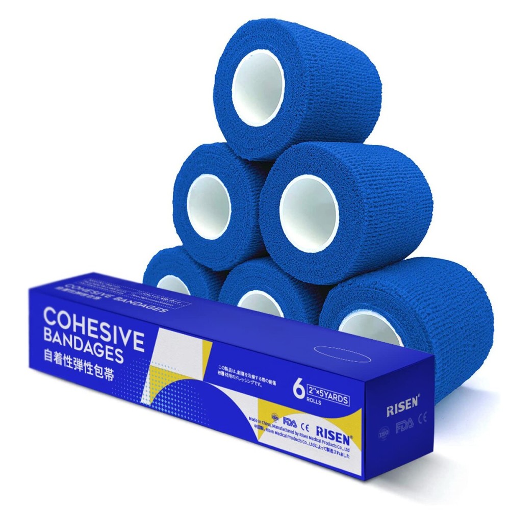 RISEN Cohesive Bandage 2 x 5 Yards, 6 Rolls, Self Adherent Wrap Medical Tape, Adhesive Flexible Breathable First Aid Gauze Ideal for Stretch Athletic