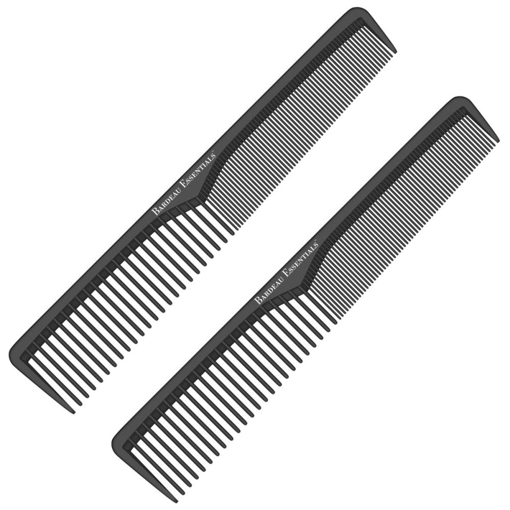 Styling Comb (2 Pack) | Professional 7 Inch Black Carbon Fiber Anti Static Chemical And Heat Resistant Comb For All Hair Types | Fine and Wide Tooth | For Men and Women | By Bardeau Essentials