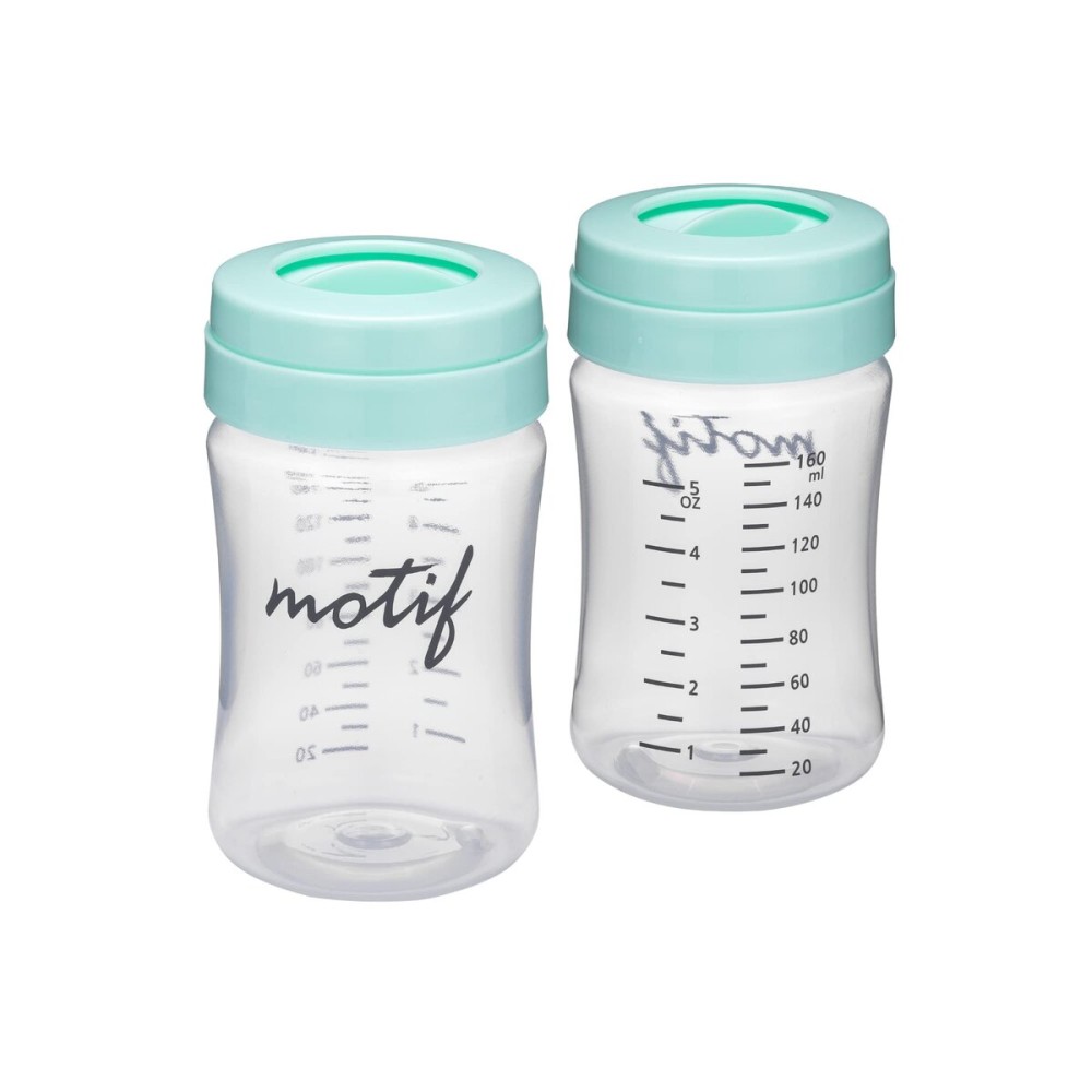 Motif Medical Breast Milk Storage Bottles for Luna Breast Pump - Durable Plastic Breastfeeding Essentials w/Locking Rings, Lids & Nipple Caps - Breast Milk Container (Set of 2, 160 ml)