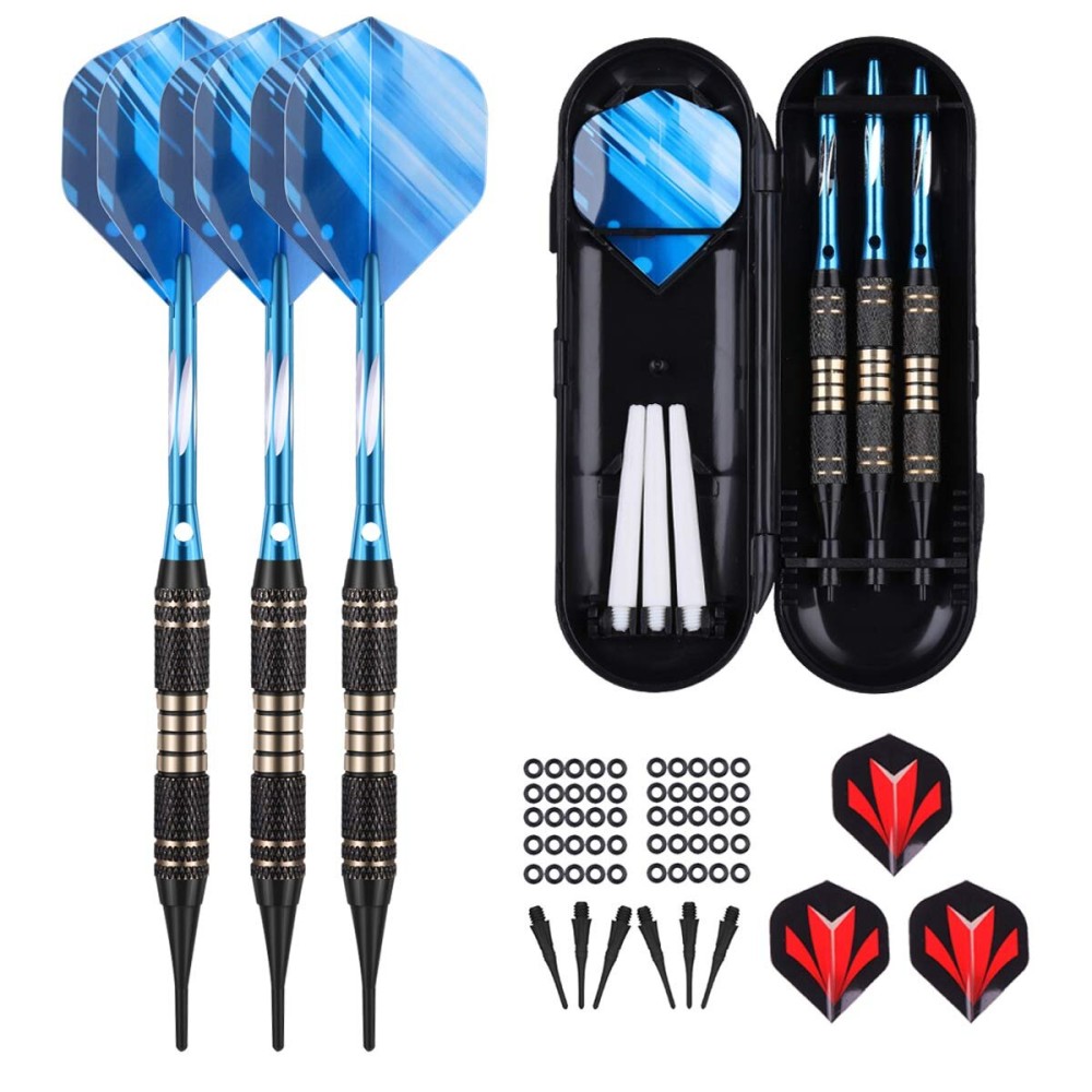 Darts Plastic Tip Set 18 Grams - Soft Tip Darts with Brass Barrel + Blue Aluminum Shafts w/ 50 Rubber O-Rings + 6 Pattern Flights + 30 Tips for Electronic Dartboard