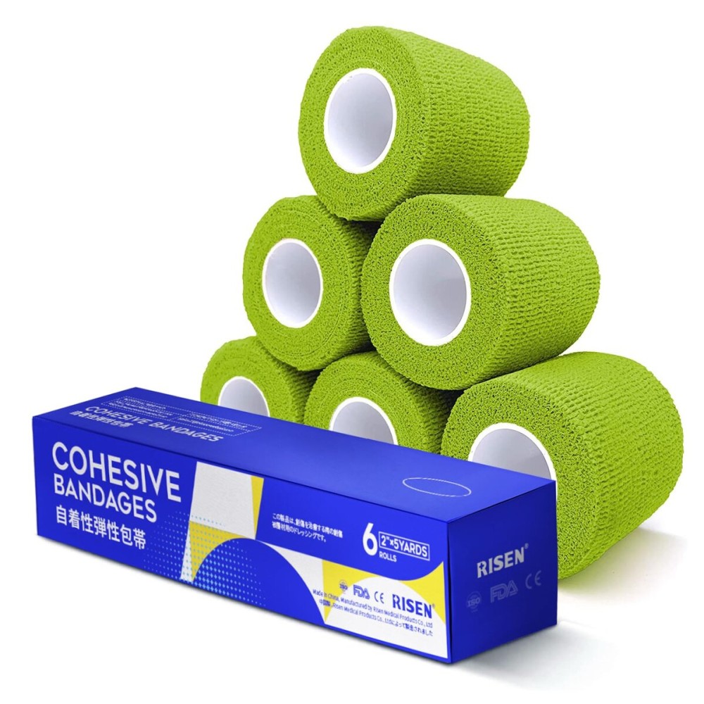 RISEN Cohesive Bandage 2 x 5 Yards, 6 Rolls, Self Adherent Wrap Medical Tape, Adhesive Flexible Breathable First Aid Gauze Ideal for Stretch Athletic