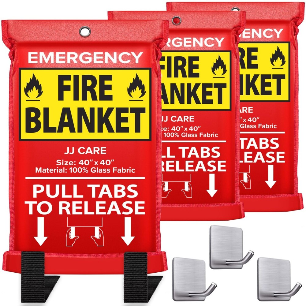 JJ CARE Fire Blanket - 3 Packs with Hooks - Emergency Fire Blanket for Home & Kitchen, High Heat Resistant Fire Suppression Blankets for Home Safety, Kitchen, and Camping