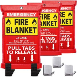JJ CARE Fire Blanket - 3 Packs with Hooks - Emergency Fire Blanket for Home & Kitchen, High Heat Resistant Fire Suppression Blankets for Home Safety, Kitchen, and Camping