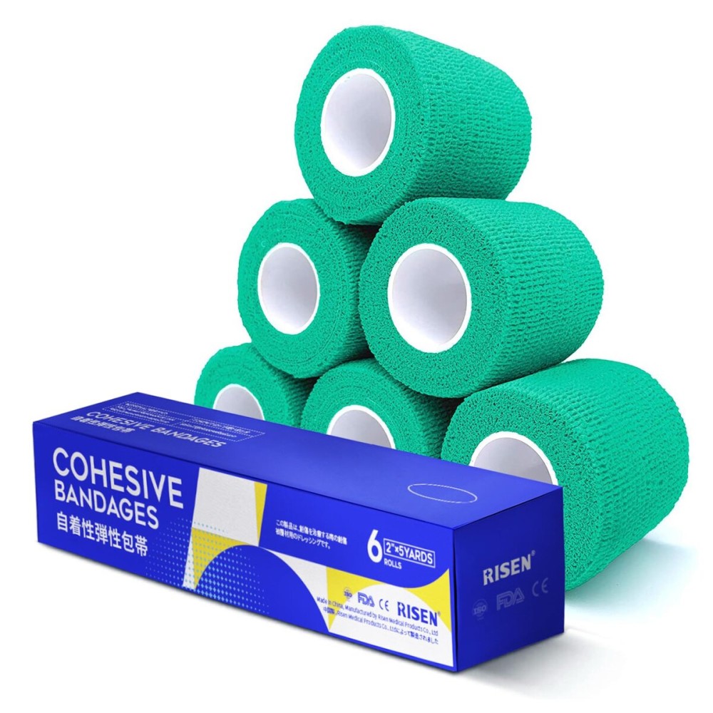 RISEN Cohesive Bandage 2 x 5 Yards, 6 Rolls, Self Adherent Wrap Medical Tape, Adhesive Flexible Breathable First Aid Gauze Ideal for Stretch Athletic
