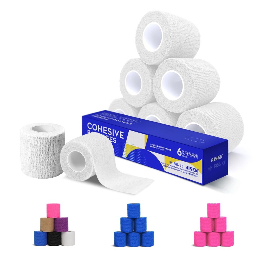 RISEN Cohesive Bandage 2 x 5 Yards, 6 Rolls, Self Adherent Wrap Medical Tape, Adhesive Flexible Breathable First Aid Gauze Ideal for Stretch Athletic