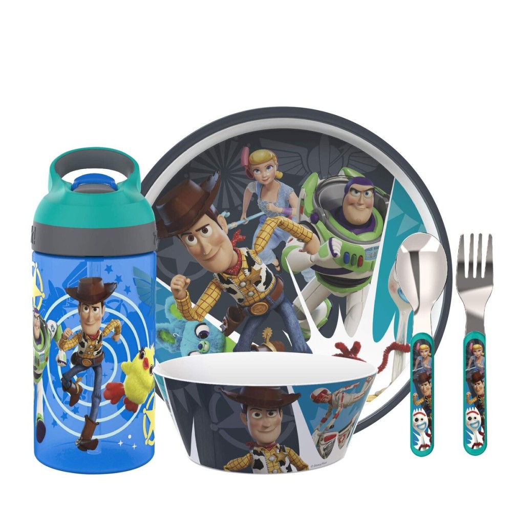 Zak Designs 5-Piece Dinnerware Set, Disney and Pixar Toy Story 4 - Durable Plastic & Stainless Steel - Includes Water Bottle, 8-Inch Plate, 6-Inch Bowl, Fork & Spoon - Suitable for Kids Ages 3+