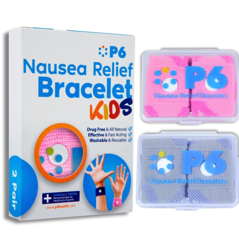 P6 Motion Sickness Bands for Kids Childrens Wristbands for Anti Nausea Sea Cruise Travel Car Sickness All-Natural Non Drowsy Relief Acupressure Treatment (2 Pack, White - Pink)
