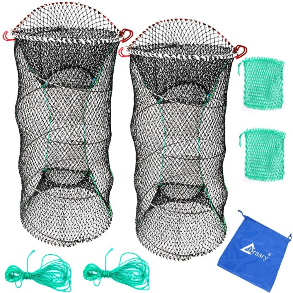 Drasry Crab Trap Bait Lobster Crawfish Shrimp Portable Folded Cast Net Magic Collapsible Fishing Traps Nets Accessories for Blue Crabs 2PCS 23.6in x 11.8in Black (0.39 in Mesh)