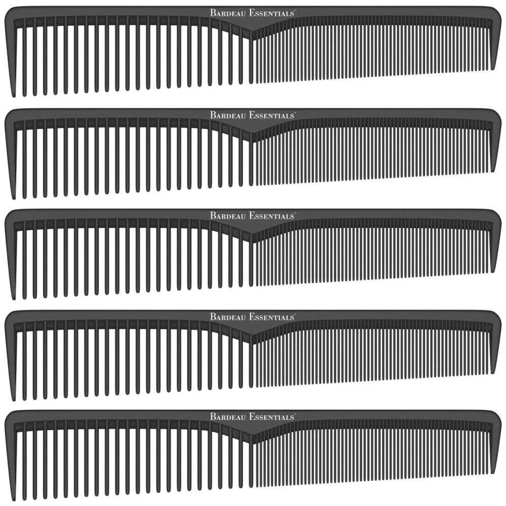 Styling Comb (5 Pack) | Professional 7 Inch Black Carbon Fiber Anti Static Chemical And Heat Resistant Comb For All Hair Types | Fine and Wide Tooth Combs For Men and Women | By Bardeau Essentials