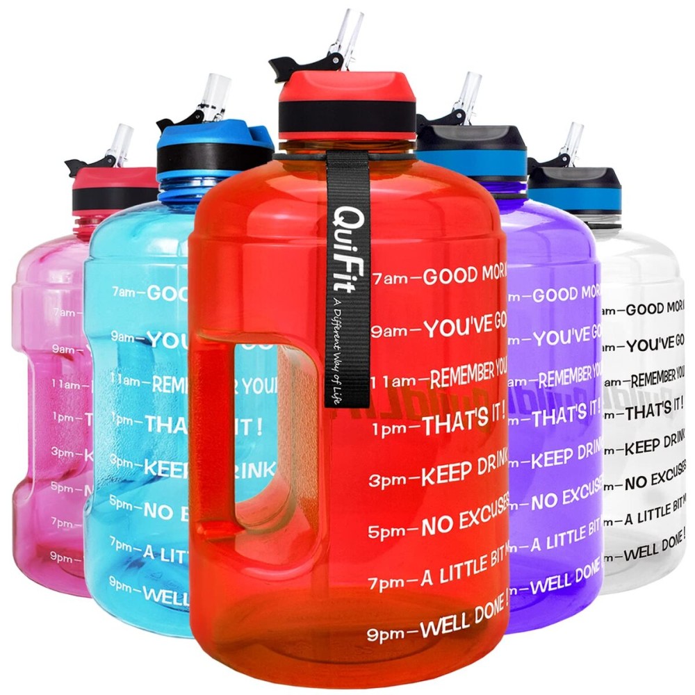 QuiFit Motivational Gallon Water Bottle - with Straw & Time Marker BPA Free Large Reusable Sport Water Jug with Handle for Fitness Outdoor Enthusiasts Leak-Proof (Red,1 gallon)